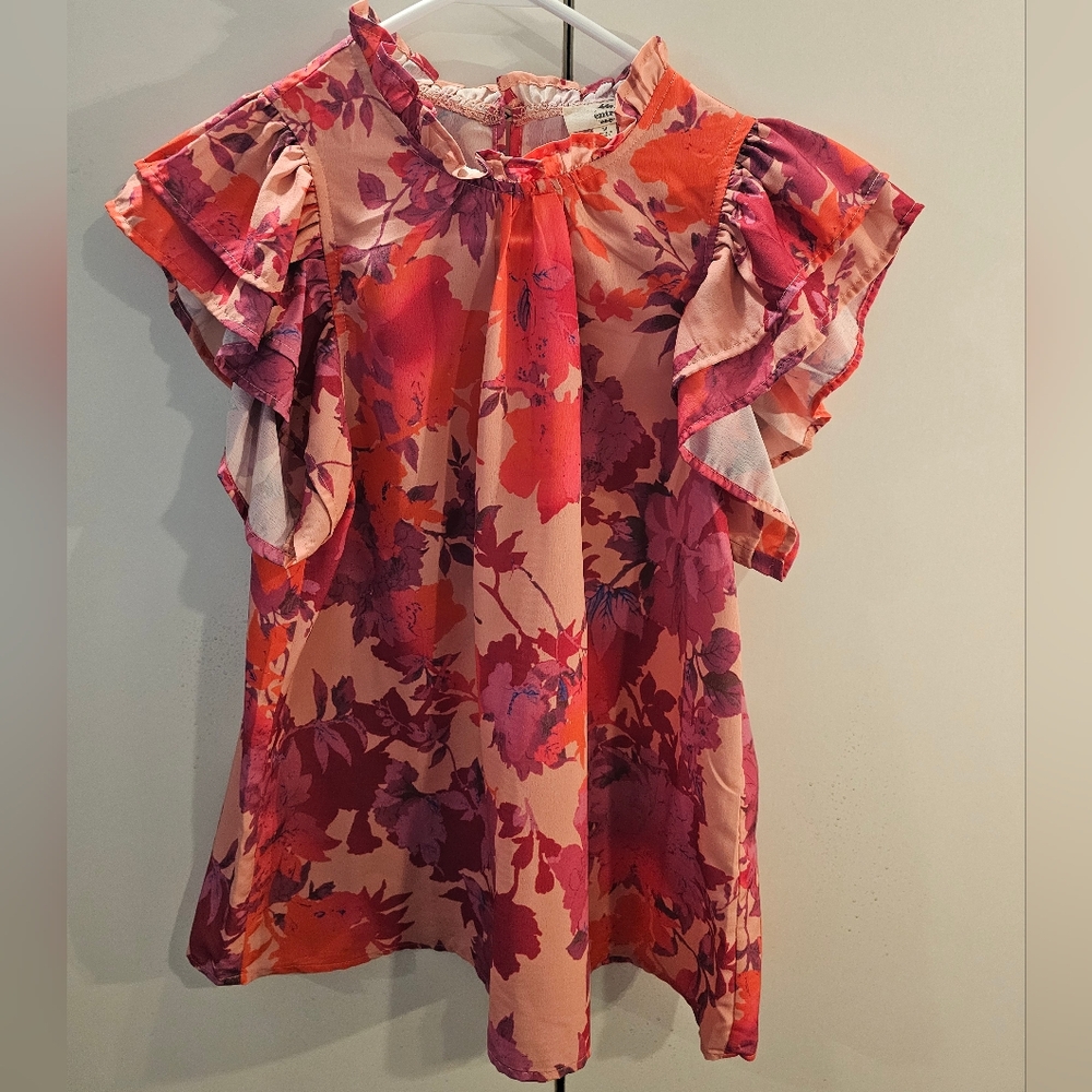 Entro Floral Ruffle Blouse - Pink and Red Womans Medium - Picture 1 of 6